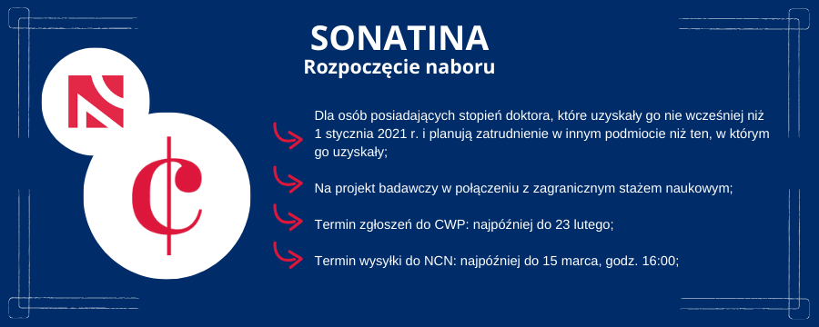 Na grafice, po jej lewej stronie, przedstawione zostało logo konkursu Sonatina i NCN. Po prawej stronie grafiki znajdują się wypisane od myślników warunki udziału w konkursie.