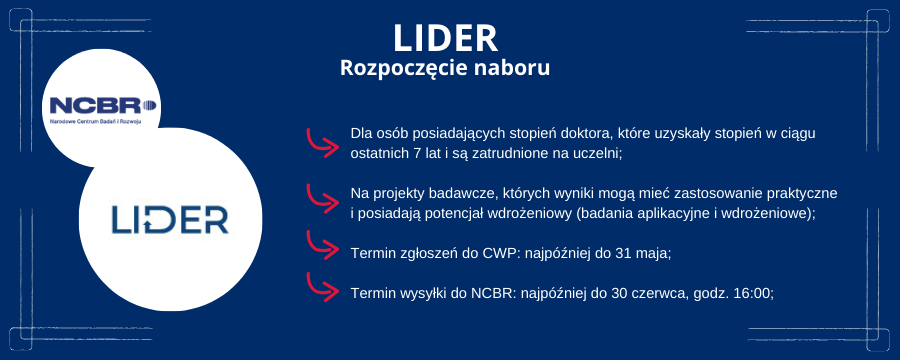 Na grafice, po lewej stronie, przedstawiono logo konkursu LIDER. Po prawej stronie grafiki znajduje się opis wymogów konkursowych.