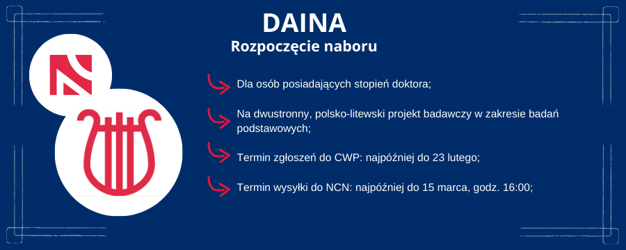 Na grafice, po lewej stronie, przedstawiono logo konkursu DAINA i NCN. Po prawej stronie grafiki znajduje się opis najważniejszych wytycznych naboru.