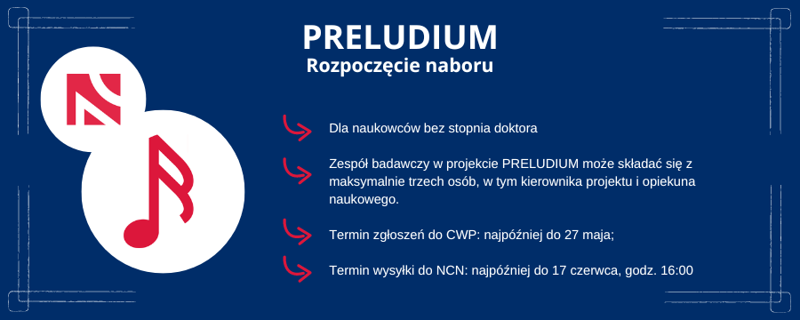Grafika z logo konkursu preludium i logo NCN, zawiera najważniejsze informacje na temat konkursu PRELUDIUM